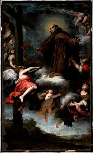 Representation of Saint Louis of Anjou worshipping the cross (oil on canvas, 17th century)