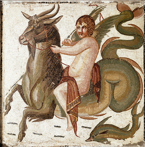 Roman art: “Cupid riding a marine creature”” Mosaic from a villa of the family of Emperor Septius Severe. End of 2nd century after JC. Rome, Museo Nazionale Romano