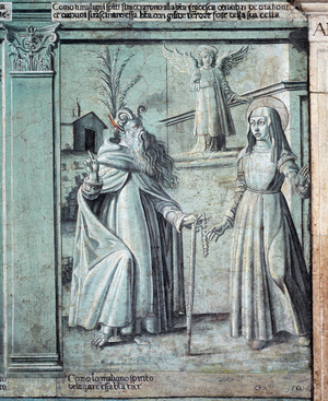 Life of St Francesca Romana : the saint betrayed by a devil who took the appearance Onuphrius (fresco, 1450-1500)