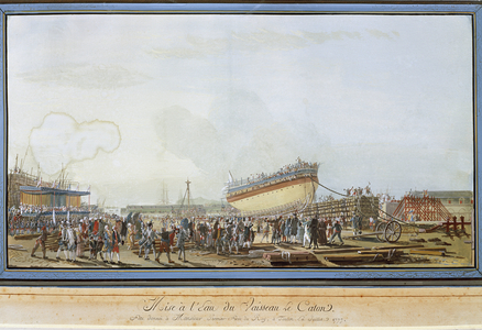 The launch of the ship Le Caton in the harbour of Toulon in the presence of the Count of Provence in July 1777 (Gouache, 18th century)