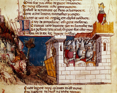 An army (from the king of Pamplona?) takes refuge in a castle and climbs the Miniature levis bridge from “” Entrree of Spain””. 14th century Venice, Biblioteca Marciana.