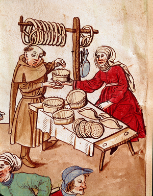 Trade: a bread dealer. Miniature from “Chronicles of the Council of Constance” by Ulrich Richental (1360-1437) 1438 approximately Prague, national library