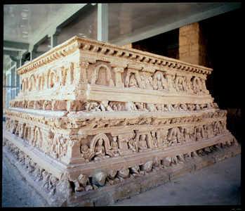View of reliefs of Buddha and boddhisattva on the votive stupa