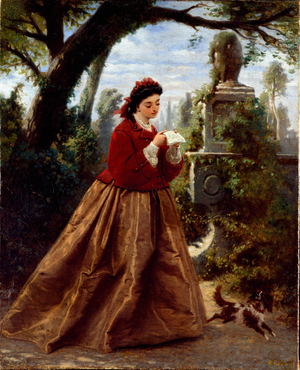 The letter Young woman reading a letter probably of love, in a romantic landscape. Painting by Guido Gonin (1833-1906) 1868 Genes, Galleria d'Arte Moderna, inv. 119
