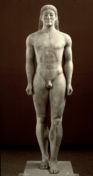 Greek Art: Funerary Statue of Kouros from the Archaic Period - Coming from Anavyssos, 6th century BC - Athens, National Archaeological Museum — Funerary kouros (youth) of Kroisos - Marble sculpture, c.525 BC,, from Anavyssos, Greece - National Archaeological Museum, Athens