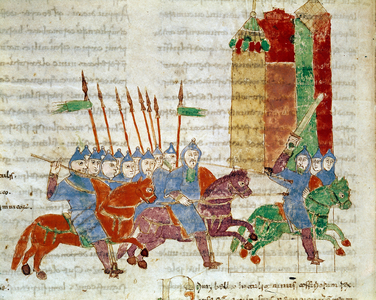 A miniature horsemen from the manuscript “” De Universo” (or De rerum naturis (De la Nature des choses)) (cod. 132) by Rabanus Maurus Magnentius (or Raban Maur or Rabano Mauro) (ca. 780-856). 9th century. Archive of Monte Cassino Abbey (Mount Cassin)
