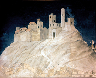 View of the castle of Montemassi in Maremma (Maremma) in 1328. Fresco by Simone Martini (1284 ca.-1344), 1328. Detail cm. 340x968 Palazzo Pubblico, Siena.