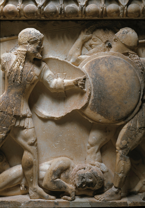 Scene of gigantomachy, Ares and Hermes fighting against a Giant. 525 BC (relief)