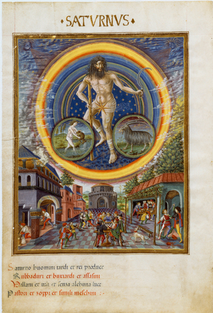 Saturn with zodiac signs of aquarius and capricorn.The game scenes and its influence on men. (miniature, c.1470)