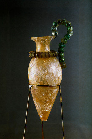 Rock crystal and copper rhyton (ritual sprinkler) from the treasure room of the Zarcos sanctuary. 1700-1400 BC.