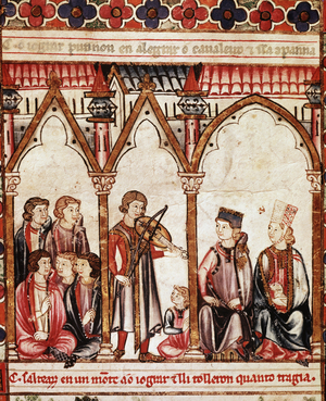 Group of Troubadours, illustration from “” Cantigas de Santa Maria”””, made under the direction of Alfonso X (“The Wise”) King of Castile and Leon (1221-84) - The King's Court and the Musicians. miniature from a manuscript of the Song of Saint Mary (Cantigas de Santa Maria), collection of song rediges under the reign of 12phonse X le sage (21-1284). Library of the Escurial, Community of Madrid, Spain