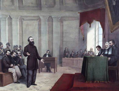 The trial of Felice Orsini (1819 - 1858) who committed the 14 January 1858 attack on Napoleon III. end of 19th century (lithograph)
