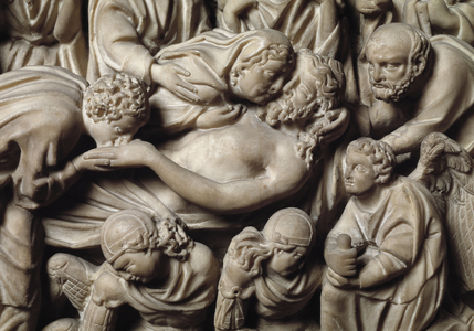 The parapet of the pulpit of Fra Guglielmo da Pisa (ca. 1235-1310/11) representing scenes from the New Testament, prophetes and symbols of the evangelists: la deposition, detail - (detail of pulpit representing prophets, evangelists and scenes of the new testament) 1270 Pistoia, Church of San Giovanni Fuorcivitas Italy