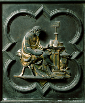 North Porte (called Gate of the Cross, to the North), exterior detail: Saint Luke evangelist. Bronze sculpture made by Lorenzo Ghiberti (1378-1455), 1424. Baptistere San Giovanni, Florence