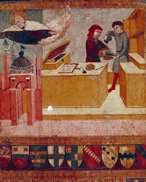 The camerlinguist symbolically washes his hands while the benevolent and protective Virgin flies over the city of Siena. Detail. 1451 (Wood painting)