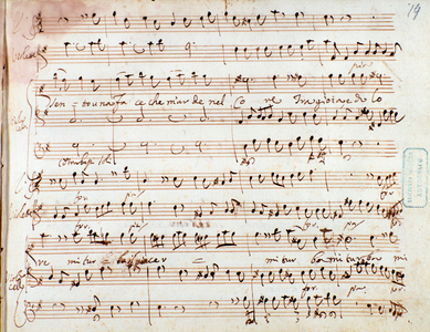 Sheet music page for the aria  Bel piacere ch'e la caccia in  Cantata a tre voci by Alessandro Scarlatti