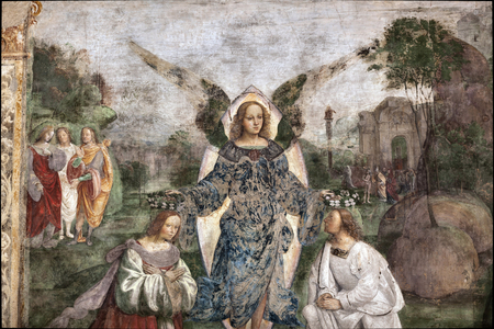 Life of St. Cecile: Valerian and cecilia crowned by an angel, detail  (fresco, 1506)