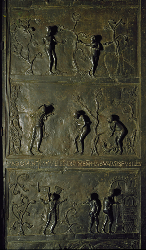 Door decorated with scenes of the Genesis: Adam and Eve eat the fruit of the broken tree and learn good and evil, then are hunted from the Garden of Eden. c.1015 (Bronze High Relief)