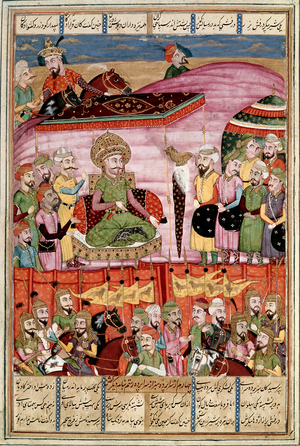 Islamic Art: “” Sohrab (Saharab) stands at the tent of Roustam””” Persian miniature from a manuscript of the epic poem “” Shahnameh”” (Shah Nama, Shahnama) (Book of Kings) by Ferdowsi (Firdawsi, or Ferdawsi, or Firdousi, ca. 940-around 1020) (ms. 607) Lly, Conde Museum