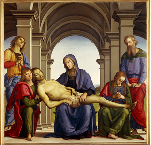 Pieta. Saint Joseph of Arimathia, Saint Nicodema, Saint Mary Magdalene, Saint John and the Virgin Mary surrounding the body of Jesus Christ, 1495 (oil on canvas)