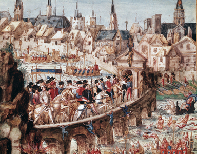 Nautical shows organized by the city of Rouen on the occasion of the royal entrance of King Henry II (1519-1559) and Catherine de Medicis (Caterina de Medici) (1519-1589) on 1/10/1550 Horsemen crossing the Seine on the bridge Saint Ouen (St Ouen bridge in Rouen, from account of the entry of Henry II (1519-1559) King of France, into Rouen on October 1 1550) Detail Miniature of the French School of the 16th century Rouen, Municipal Library