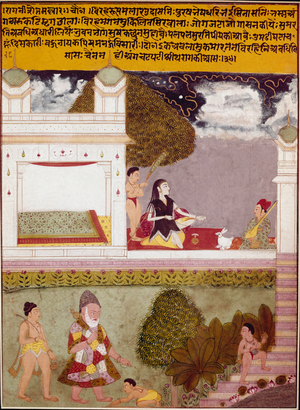 An ascetic listens to music on the terrace of a palace, circa 1760 (miniature)