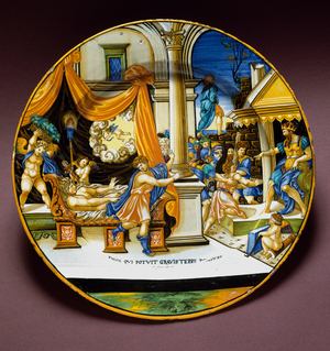 Joseph and the wife of Putiphar Joseph fleeing from the wife of Putiphar (Potiphar) seeking to seduce him. Ceramic plate produced in Urbino, Italy. 1537 around Florence, Museo Nazionale del Bargello