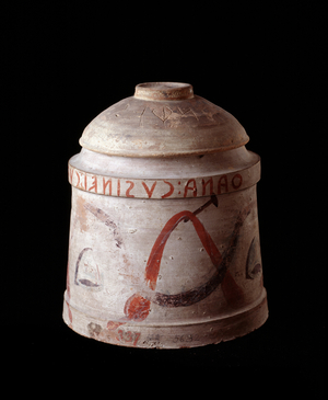Etruscan Art: Terracotta funerary urn from Chiusi, Italy - Dim h 22 cm x diam 19 cm - 2nd century BC (funerary urn from Chiusi, 2nd century BC) Florence, museo archeologico, inv 5632