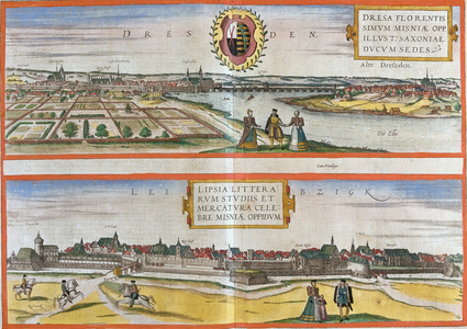 Views of Dresden (Dresa) and Leipzig (Lipsia), Germany (etching, 1572-1617)