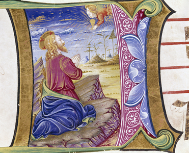 Jesus' prayer in the garden of olive trees illuminated by Giovanni Gadio. Detail of an antiphonary. 1483. Cremone, choral 6, capitolo del duomo