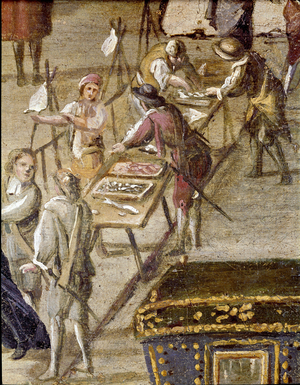 Place of the court of the Vicaria in Naples at the time of the revolution of Masaniello Criminals are judges before the entrance - Detail representing fish vendors - Painting by Ascanio Luciani (ca. 1621-1706) Naples, Museo Nazionale di San Martino