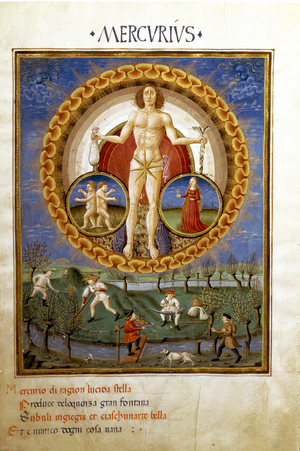 Mercury with signs of the zodiac of the Virgin and the Gemels. Peasants working in the fields (miniature, c.1470)