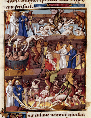 A child named Guillaume observes the torments of the damns in Enfer Miniature in “” Le miroir historial”” (Speculum Historiale) (ms. 1196 fol. 408 r.) by Vincent de Beauvais (1190-1264) translated into French by Jean de Vignay, 15th century. Chantilly, Musee Conde