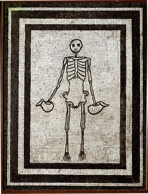 Roman art: skeleton bearing askos. Mosaic coming from the Vesuve region. 4th style. 1st century BC. Dim. 91x70 cm Museo Archeologico Nazionale, Naples