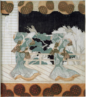 Dancers in traditional costume on a scene . 1822 (Japanese print)