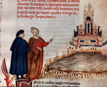 Portrait of Italian poet Dante Alighieri with Virgil looking at the throne of Henry VII (song 20 from Paradise, in the Divine Comedy) - Miniature, 15th century