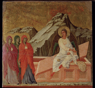 Passion: the Maries at the Sepulchre. Maesta altarpiece (tempera and gold on wood, 1308-1311)