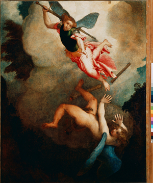 Saint Michael Hunting Lucifer Painting by Lorenzo Lotto (1480-1556) 1551-1555 Sun. 167x135 cm Loreto, Palazzo Apostolico
