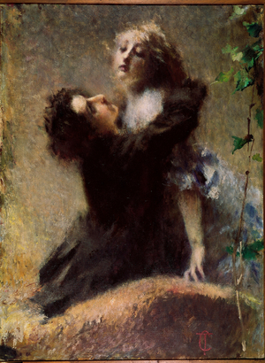 The Ivy Edera. A man embraces a woman. Painting by Tranquilo Cremona (1837-1878) 1878 Sun. 132,5x100 cm Turin, Civica Galleria d'Arte Moderna e Contemporanea