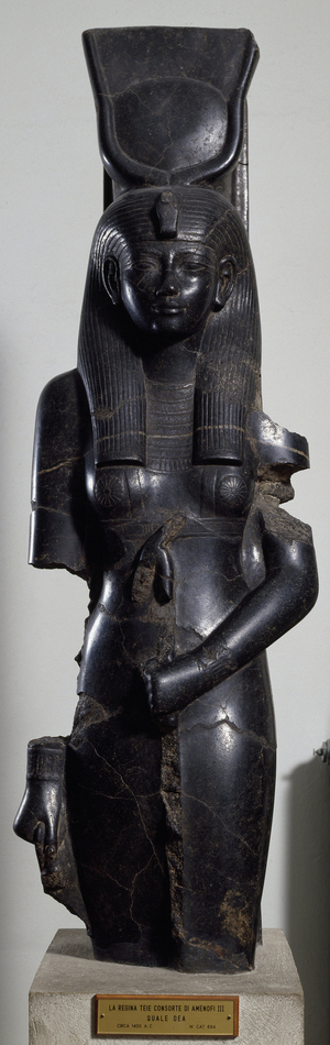Egyptian antiquite: Basanite sculpture depicting Tiyi (circa 1398-1358 BC), wife of Pharaoh Amenophis (Amenhotep) III. 18th dynasty. Turin, Egyptian museum