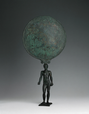 Mirror with handle in the shape of an offering naked athlete, in a gesture of libation, 480-450 BC (bronze)