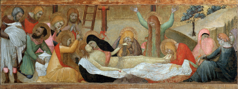 the Pieta (Predella of the polyptych Virgin and Child) - tempera and gold on panel, 14th century