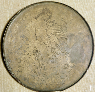 Greek Art: “” Aphrodite and Eros”” Bronze mirror. 350 BC, Louvre Museum