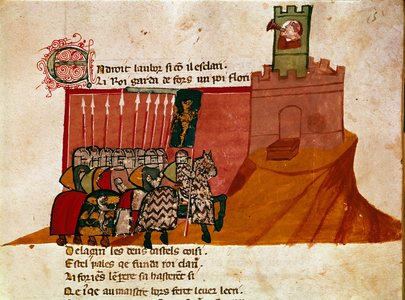 A group of franc knights arrives in a Miniature castle from “Entree of Spain””. 14th century Venice, Biblioteca Marciana.