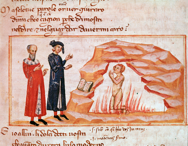 Guido Guinizzelli and the souls of the lustful (song 23 from Purgatory,  in the Divine Comedy) - Minature, 14th century