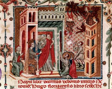 Codices Cavenses, Cod.25 f.181, Simon Magus, the Emperor Nero, and the Apostles, miniature from 'Speculum Historiale', Part I, by Vincent de Beauvais, c.1320 (tempera on vellum)