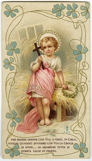 Pious image: a little boy holding the cross and the crown of thorns, in order to share Jesus's pain (engraving)