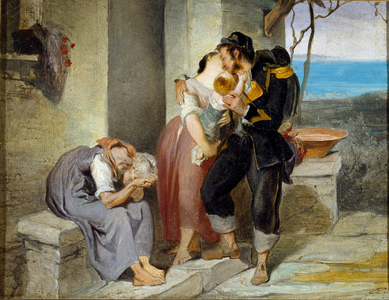 Soldier's Departure From a family, the soldier leaves his wife and child in tears to go to war. Painting by Francesco Gandolfi (1824-1873) Dim. 27x38 cm Genes Nervi, Civica Galleria d'Arte Moderna inv. 1138