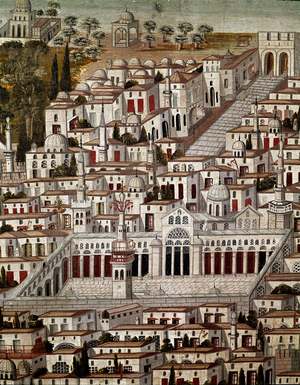Islamic Art: View of Damascus with The Great Mosque of the Umayyads of Damascus (705-715). Anonymous Syrian painting of the 17th century. Syria, Damascus, Azem Palace or Azm.