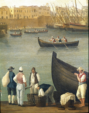 Mussel fishermen from Monopoli, Puglia, Italy (Mussel fishermen in Monopoli) Painting by Jacob Philipp Hackert dit Hackert d'Italie (1737-1807) Naples, Museo Nazionale di San Martino